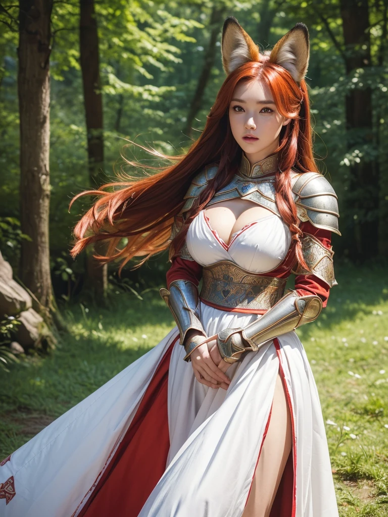 (8K, Highest quality:1.2)、masterpiece, Beautiful Knight, (Attractive Russian Model)、(((Red fox)))、(((Fox ears)))、(((Red foxFox earsの女戦士)))、Born in Lee:1.0),(( Red and white clothes))、((Perfect Face))、((Plate armor with attention to detail)), (Strong muscular body),(Powerful arms)、 (Red Hair),(((Red fox)))、(((Fox ears)))、(((Red foxFox earsの女戦士)))、((Big Breasts))、((Large Breasts))、Cleavage、 Braid、Disheveled Hair、feet, (High fantasy battlefield environment), (((Holding a long sword))), (Knight's Sword)、 High resolution, (Skin Texture:1.1), Highest quality, 超High resolution, (Realistic: 1.4), RAW Photos, Nikon D850 film stock photos, F1.6 Lenses, Rich colors, Bokeh, Sharp focus, Realistic, Cinestill 800, Backlight, Rim Light, Strong sunlight, Realistic, Realistic Shadow, 3d, (Forest Background:1.2),Hair blowing in the wind、whole body、 (Ancient fantasy soldiers),(Ancient soldier armor),Combat Accessories,breastplate、((Long skirt))、Voluminous lips、((Perfect Face))、Big eyes、Delicate eyes、Body-fitting armor、((looking at the camera))、belt、Intricately patterned armor、whole body、up、knight armor、Red Armor、Delicate hands、Knee-high boots、