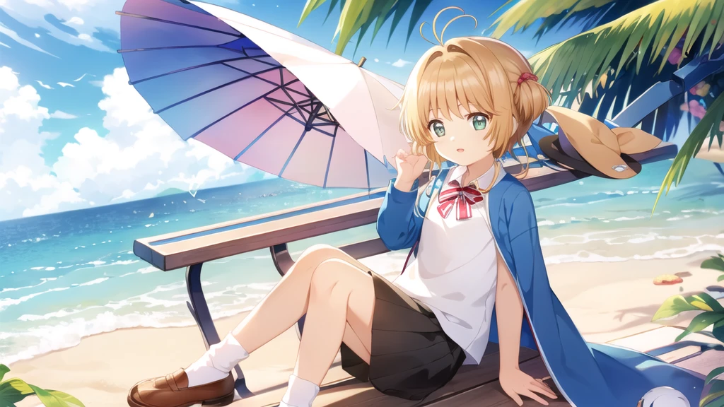 masterpiece, Highest quality, wallpaper,  One girl, alone,summer服を着た, socks, Both sides up, summer、Seaside