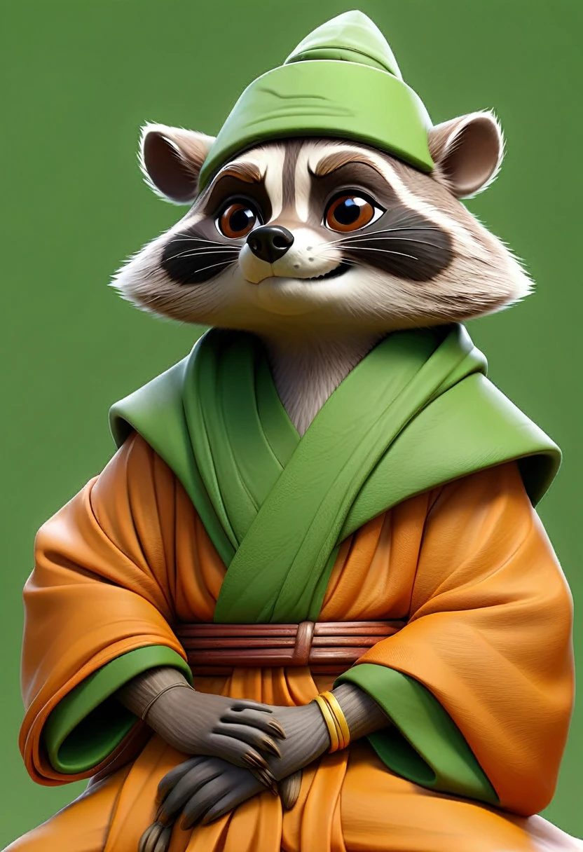 masterpiece, best quality, an anthropomorphic raccoon wearing a Buddhist monk robes and looking like a teacher, sad face, complete green background, drawn by pencil, digital art, art by Hiromu Arakawa, Osamu Tezuka, 8 k, beautiful drawing, highly detailed, concept art, sharp focus, ultra realistic illustration, anime++