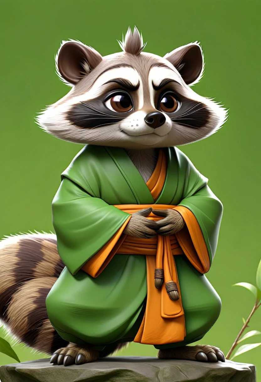 masterpiece, best quality, an anthropomorphic raccoon wearing a Buddhist monk robes and looking like a teacher, sad face, complete green background, drawn by pencil, digital art, art by Hiromu Arakawa, Osamu Tezuka, 8 k, beautiful drawing, highly detailed, concept art, sharp focus, ultra realistic illustration, anime++