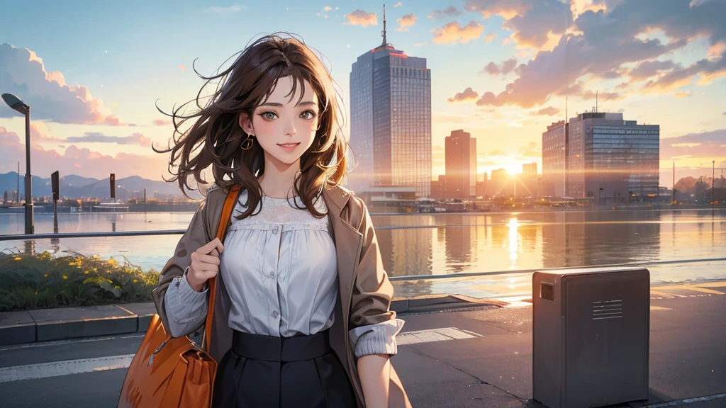 (perfect anatomy:1.2)(absurdres, highres, ultra detailed),masterpiece,best quality,high resolution,8K,Realistic face,Realistic skin texture,magnified textures, stunning clarity,detailed girl,(1 girl:1.2).(ultra detailed eyes and face),22 years old.(grey jacket,White blouse、Brown Hair、Shortcuts、Natural Makeup、Women's Pants)、good feeling、laughing、、smilingly、 a train,morning、Sunny、Orange Tote Bag、、Looking at the sky、standing,she is a office worker