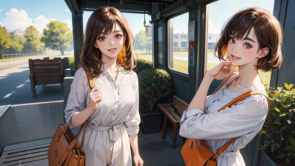 (perfect anatomy:1.2)(absurdres, highres, ultra detailed),masterpiece,best quality,high resolution,8K,Realistic face,Realistic skin texture,magnified textures, stunning clarity,detailed girl,(1 girl:1.2).(ultra detailed eyes and face),22 years old.(grey jacket,White blouse、Brown Hair、Shortcuts、Natural Makeup、Women's Pants)、good feeling、laughing、、smilingly、 a train,morning、Sunny、Orange Tote Bag、、Looking at the sky、standing,she is a office worker