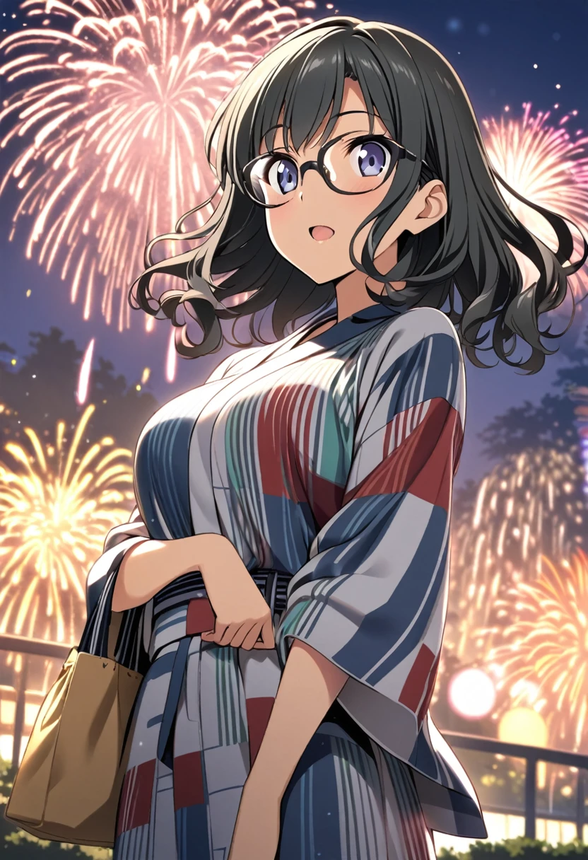 best quality, anime Seishun Buta Yarou series, character, Futaba Rio, glasses, gray half-up hair, colorful yukata, big fireworks