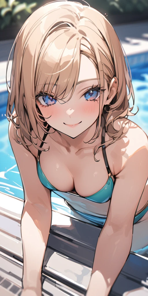 ((Highest quality、、masterpiece:1.3)), Upper Body、Long legs、Sharp focus:1.2, Beautiful woman with perfect figure:1.4、(Smiling:1.2), double eyelid、30-year-old female、Sexy pose、((((Close your mouth、One Woman、bikini)))),(((((one women,poolside:1.5)))))