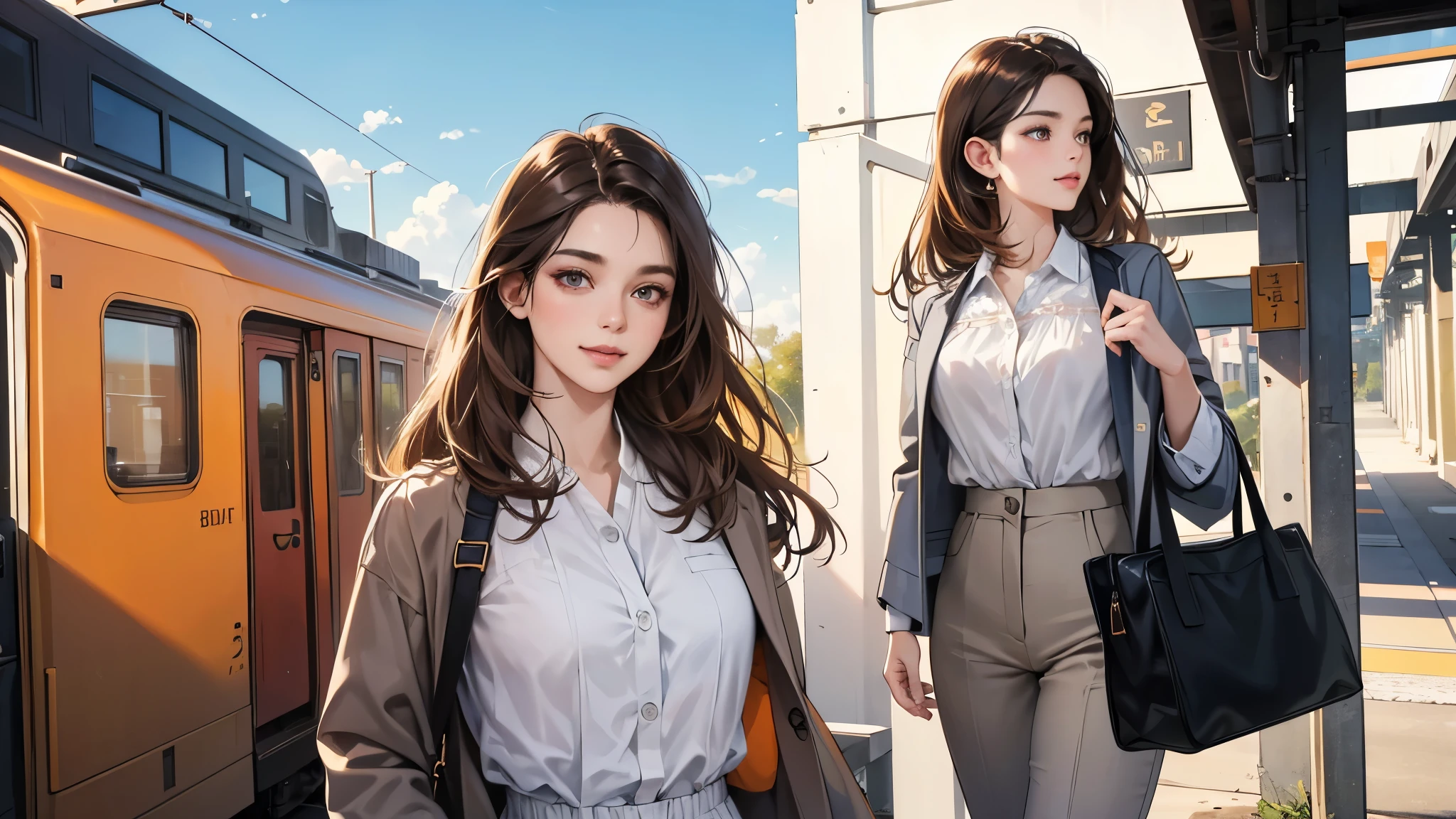 (perfect anatomy:1.2)(absurdres, highres, ultra detailed),masterpiece,best quality,high resolution,8K,Realistic face,Realistic skin texture,magnified textures, stunning clarity,detailed girl,(1 girl:1.2).(ultra detailed eyes and face),22 years old.（grey jacket,White blouse、Brown Hair、Shortcuts、Natural Makeup、Women's Pants）、good feeling、laughing、、smilingly、 a train,morning、Sunny、Orange Tote Bag、、Looking at the sky、standing,she is a office worker