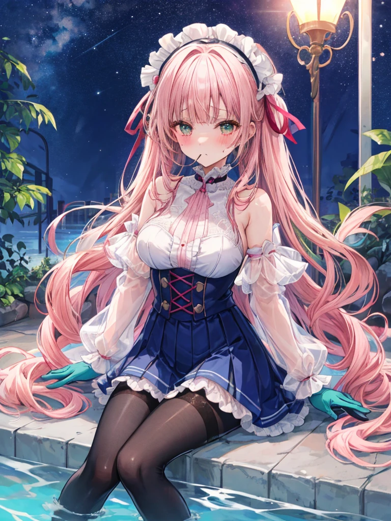 She looks away shyly　Embarrassed expression　Big Mouth　Open your mouth a little　Blonde long hair　anime　Romanesque style　 super curly hair　Super long sideburns　A wet and see-through salmon pink turtleneck wedding dress　cuteポージング　Pool at night　Droopy eyes　Ribbon Headband　天蓋付きのcuteベッド　Aqua Blue Rubber Sheet　Aqua Blue Rubber Bed　Sitting　　Blushing　A salmon pink berry long skirt that becomes transparent when wet　Wet and see-through salmon pink tights　Wet and see-through salmon pink underwear　Metallic luster　chest mesh　Multiple ribbons　Wet with rain　Wet and see-through salmon pink super long gloves　Wet and see-through salmon pink pantyhose　A shocking pink garter belt that becomes transparent when wet　beauty　beautiful　cute　clear　Big eyes　Droopy eyes　Sharp eyes　Pale pink rouge　Shocking Pink Pink Long Boots　A salmon pink bodysuit that becomes transparent when wet