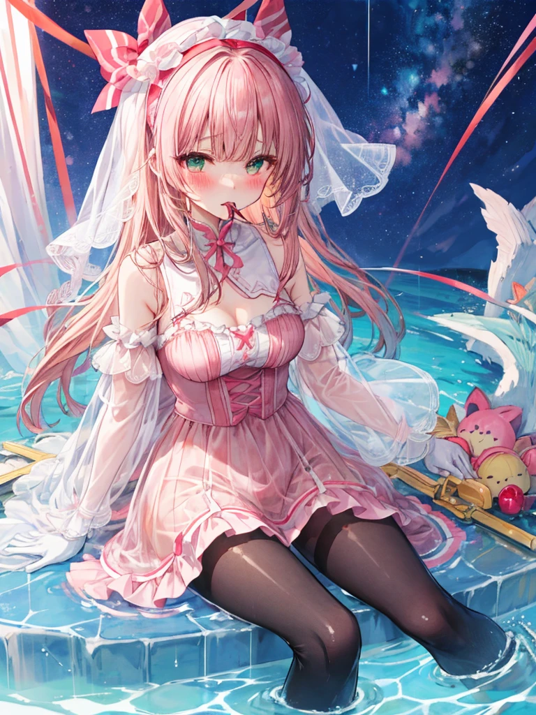 She looks away shyly　Embarrassed expression　Big Mouth　Open your mouth a little　Blonde long hair　anime　Romanesque style　 super curly hair　Super long sideburns　A wet and see-through salmon pink turtleneck wedding dress　cuteポージング　Pool at night　Droopy eyes　Ribbon Headband　天蓋付きのcuteベッド　Aqua Blue Rubber Sheet　Aqua Blue Rubber Bed　Sitting　　Blushing　A salmon pink berry long skirt that becomes transparent when wet　Wet and see-through salmon pink tights　Wet and see-through salmon pink underwear　Metallic luster　chest mesh　Multiple ribbons　Wet with rain　Wet and see-through salmon pink super long gloves　Wet and see-through salmon pink pantyhose　A shocking pink garter belt that becomes transparent when wet　beauty　beautiful　cute　clear　Big eyes　Droopy eyes　Sharp eyes　Pale pink rouge　Shocking Pink Pink Long Boots　A salmon pink bodysuit that becomes transparent when wet