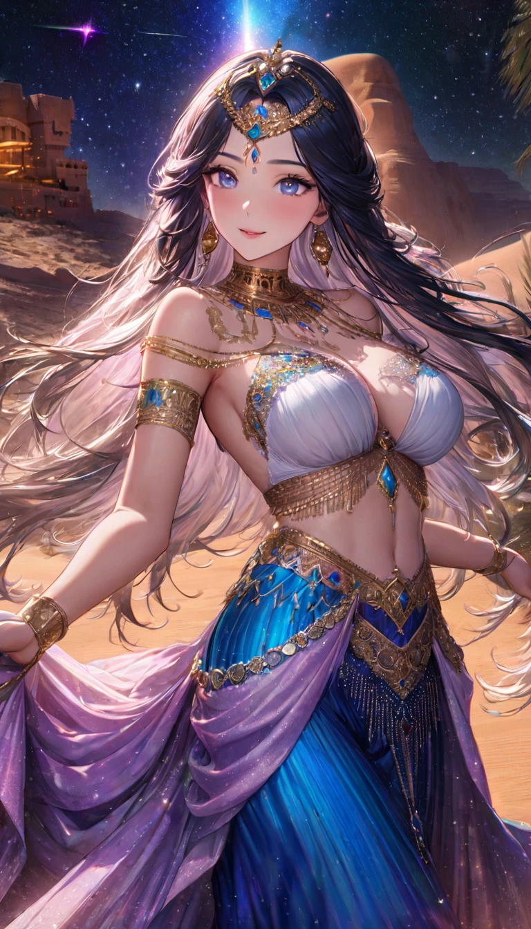 Highest quality, Highest quality, 16K, SFW, Unbelievably absurd, Very detailed, delicate and dynamic, Natural light, The particles reflect the colors of the rainbow, Diffuse reflection of light, Vortex of Light, There are many sandstorms, Beautiful desert, Colorful starry sky, Beautiful starry sky, milky way, shooting star, Moonlit Night, , Oasis City, Blue Palace, Blue tile wall, Create amazing image effects, upper body close-up, (Cute sexy girl, bouncing chests, Sensual expression, Passionate, Hilarious, Vibrant, Arab royalty, Arabian Princess, Arabian Long Dress, Gorgeous Dress,, Lavish décor, Dancing against the backdrop of a starry sky)