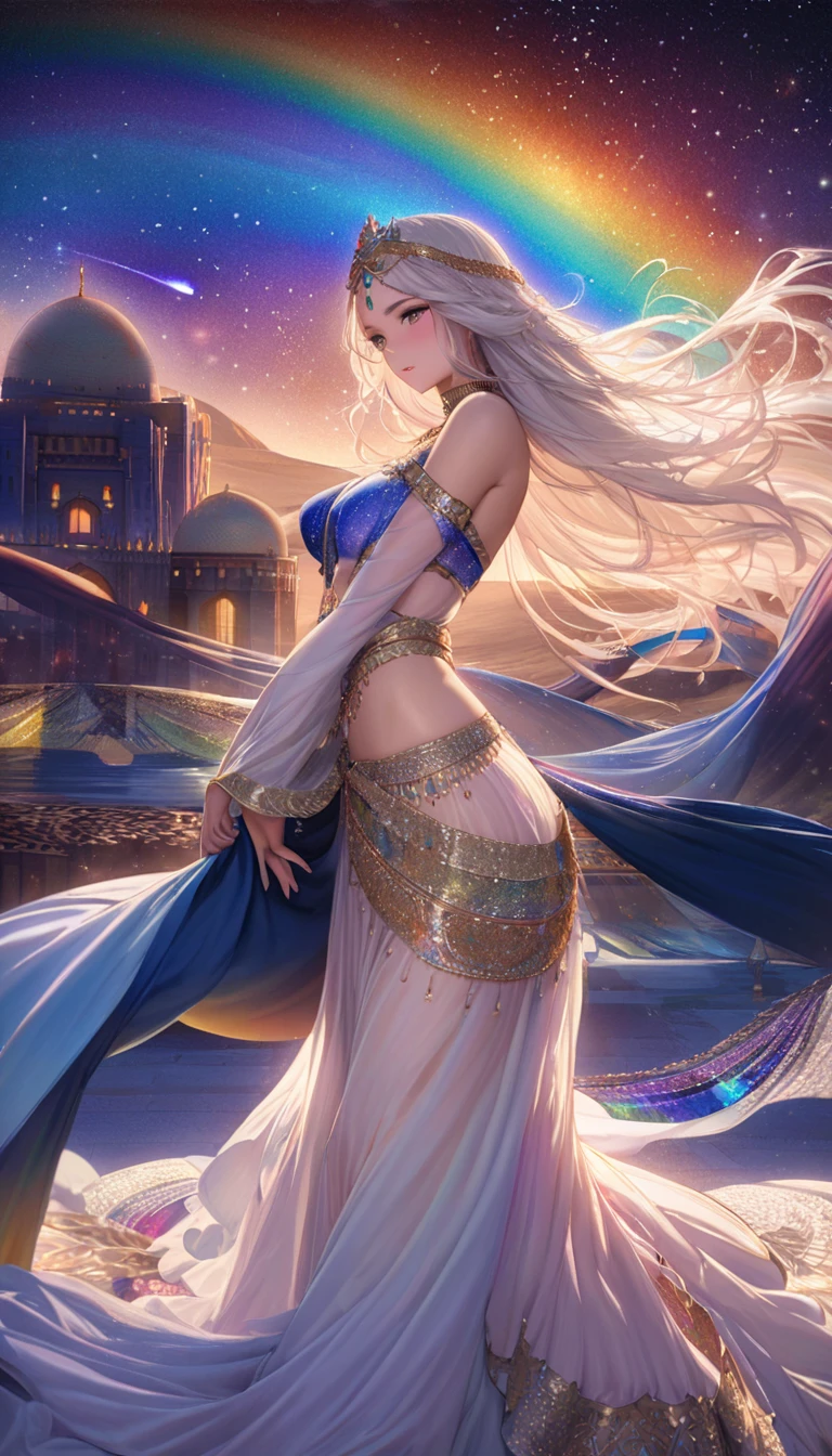 Highest quality, Highest quality, 16K, SFW, Unbelievably absurd, Very detailed, delicate and dynamic, Natural light, The particles reflect the colors of the rainbow, Diffuse reflection of light, Vortex of Light, There are many sandstorms, Beautiful desert, Colorful starry sky, Beautiful starry sky, milky way, shooting star, Moonlit Night, , Oasis City, Blue Palace, Blue tile wall, Create amazing image effects, upper body close-up, (Cute sexy girl, bouncing chests, Sensual expression, Passionate, Hilarious, Vibrant, Arab royalty, Arabian Princess, Arabian Long Dress, Gorgeous Dress,, Lavish décor, Dancing against the backdrop of a starry sky)
