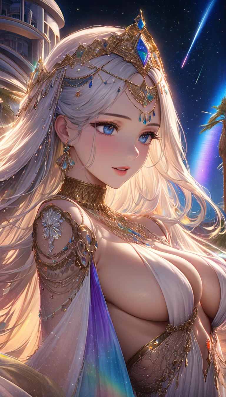 Highest quality, Highest quality, 16K, SFW, Unbelievably absurd, Very detailed, delicate and dynamic, Natural light, The particles reflect the colors of the rainbow, Diffuse reflection of light, Vortex of Light, There are many sandstorms, Beautiful desert, Colorful starry sky, Beautiful starry sky, milky way, shooting star, Moonlit Night, , Oasis City, Blue Palace, Blue tile wall, Create amazing image effects, upper body close-up, (Cute sexy girl, bouncing chests, Sensual expression, Passionate, Hilarious, Vibrant, Arab royalty, Arabian Princess, Arabian Long Dress, Gorgeous Dress,, Lavish décor, Dancing against the backdrop of a starry sky)