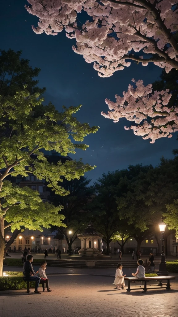 "A beautiful square at dusk, with flowering trees, a central fountain and wooden benches. People walking calmly, children playing and couples enjoying the evening. Add details like birds perched on the branches and colorful flowers in the beds, to enhance the natural beauty and tranquility of the environment."