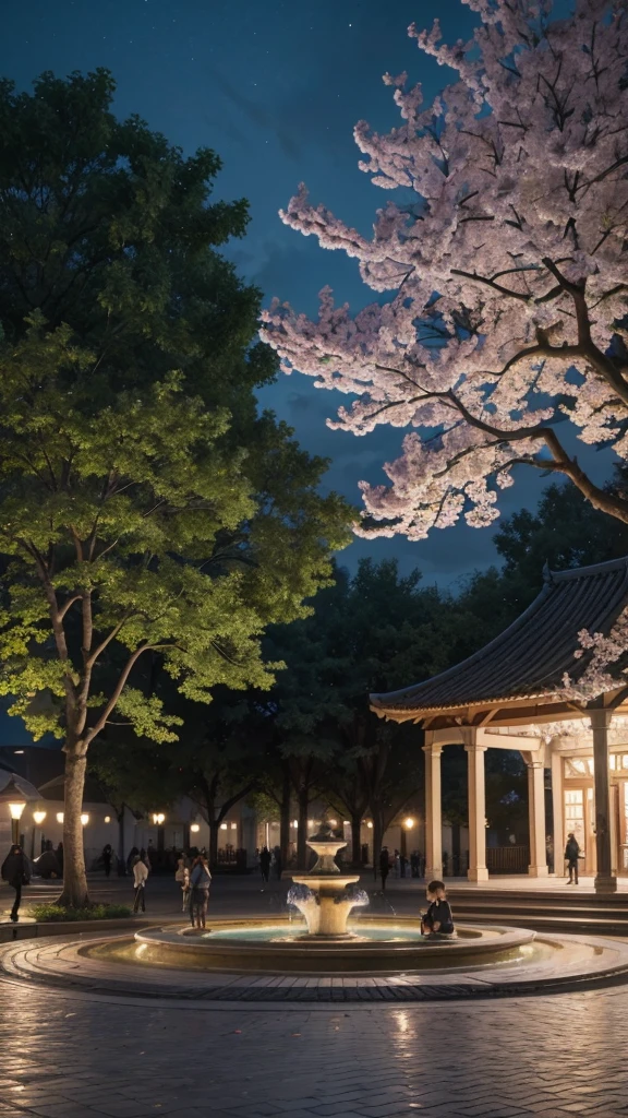"A beautiful square at dusk, with flowering trees, a central fountain and wooden benches. People walking calmly, children playing and couples enjoying the evening. Add details like birds perched on the branches and colorful flowers in the beds, to enhance the natural beauty and tranquility of the environment."