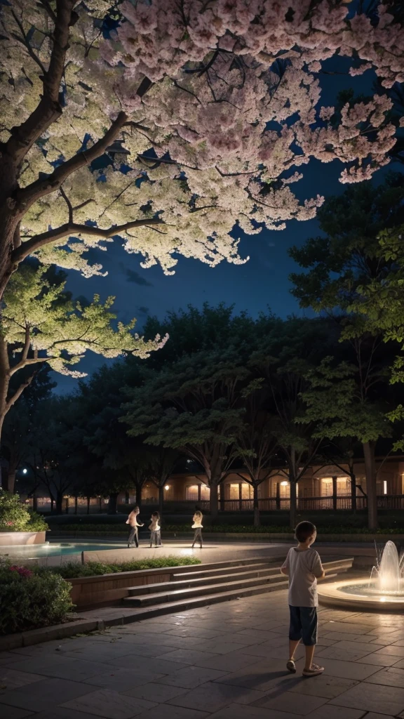 "A beautiful square at dusk, with flowering trees, a central fountain and wooden benches. People walking calmly, children playing and couples enjoying the evening. Add details like birds perched on the branches and colorful flowers in the beds, to enhance the natural beauty and tranquility of the environment."