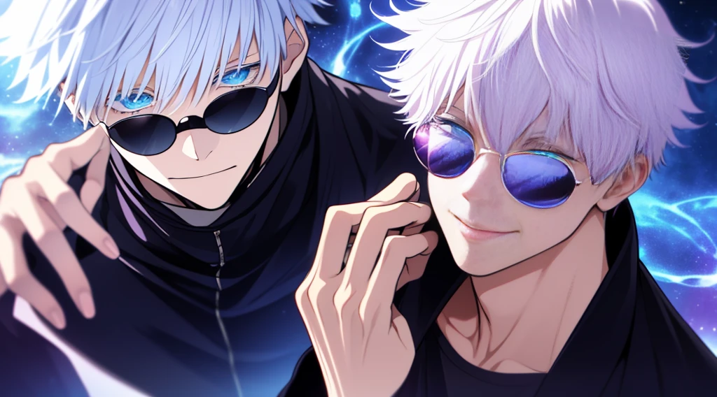 ((High detail、Cinematic lighting))、messy white hair、aquamarine eyes、white lashes、raios de deus、ray tracing、sombra projetada、optical illusion、Corpo inteiro、((Super Detalhe、best quality、8k))、Jujutsu Kaisen、Gojo Gojo、Traje preto、Surgical deployment、Fundo com um templo perfeito、olhar sereno、Ser Poderoso、mystic atmosphere、(Estranho luar、Ominous shadows、 Aura azul intensa、 Aura vermelha intensa、Symbol of the power that surrounds you、Radiating Magical Energy、Mystical artifacts、Ether particles、dinamic pose、Epic Soundtrack、a sense of wonder、(((Detailed hand)))、Sunglass
