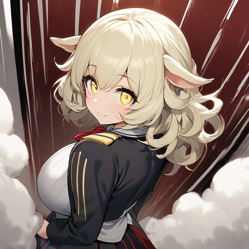 1girl,solo,roll angle,sheep ear,White fluffy hair,Short hair with a lot of hair,light yellow eye color,Calm face,docile face,smile,huge breasts,slender,Vertical lines academy uniform,short stature,looking at viewer,Taken from the viewpoint above,upturned eyes,standing up,academy
back ground