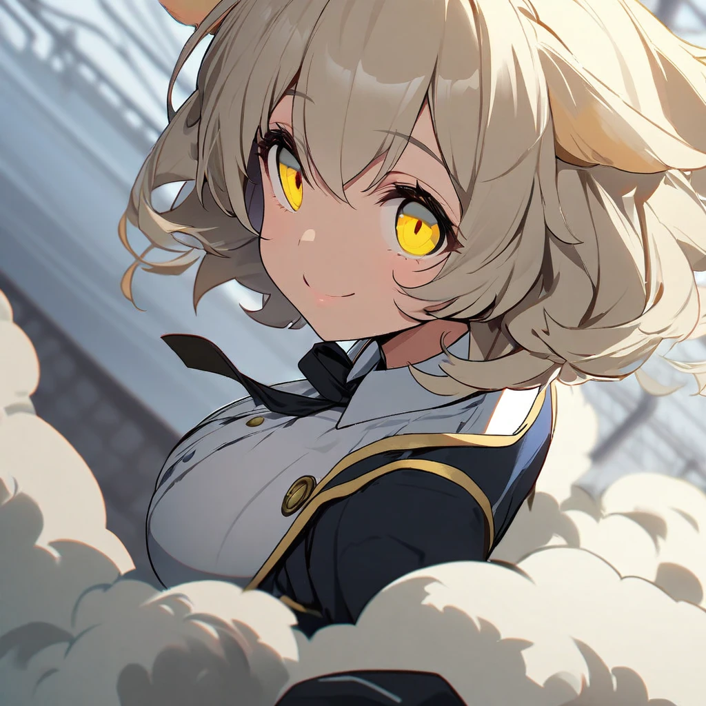 1girl,solo,roll angle,sheep ear,White fluffy hair,Short hair with a lot of hair,light yellow eye color,Calm face,docile face,smile,huge breasts,slender,Vertical lines academy uniform,short stature,looking at viewer,Taken from the viewpoint above,upturned eyes,standing up,academy
back ground