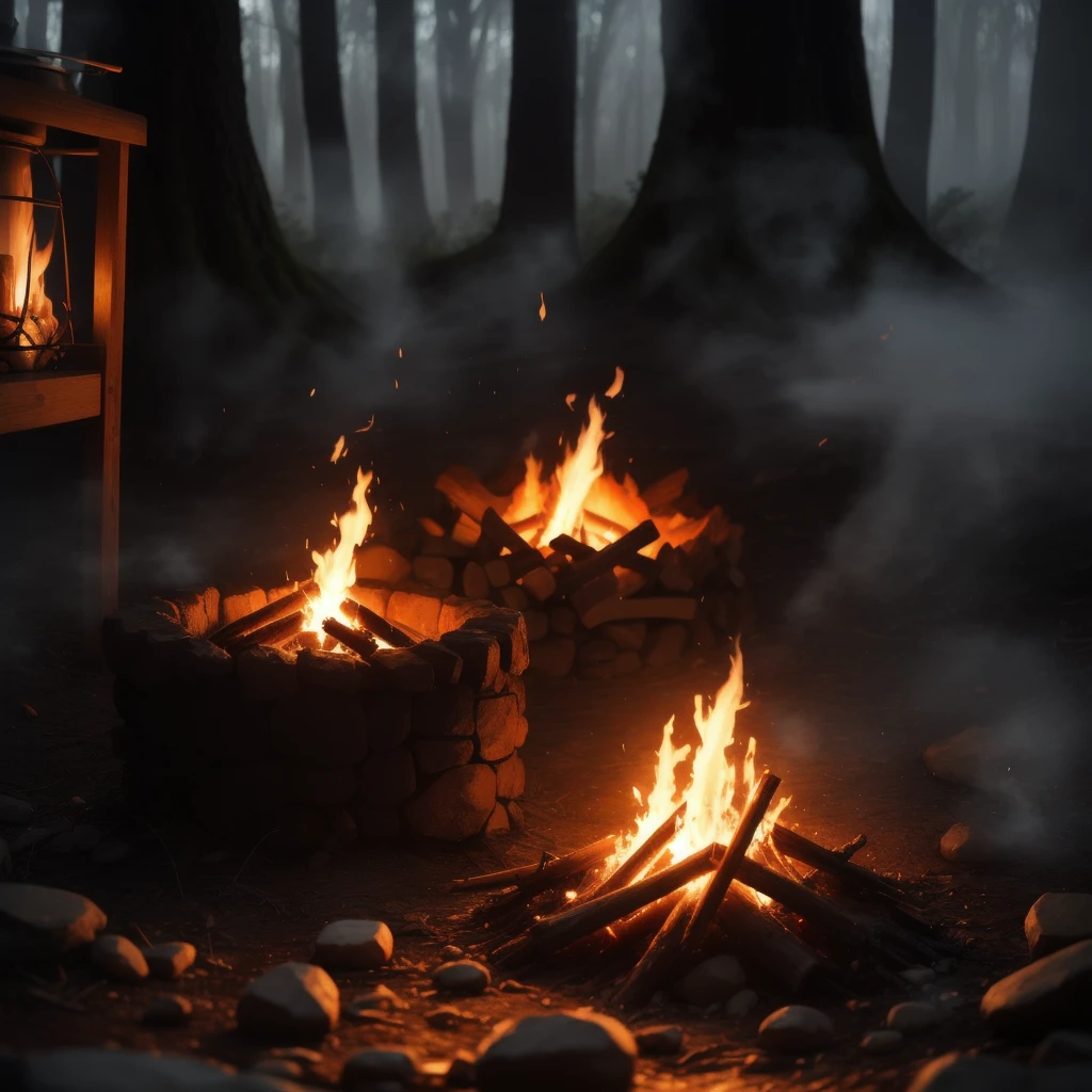 Campfire, (luminescence:0.1), smoke from fire, water, racking morning light, misty rain, documentary movie shot, ((macro)) sharp focus character is not needed