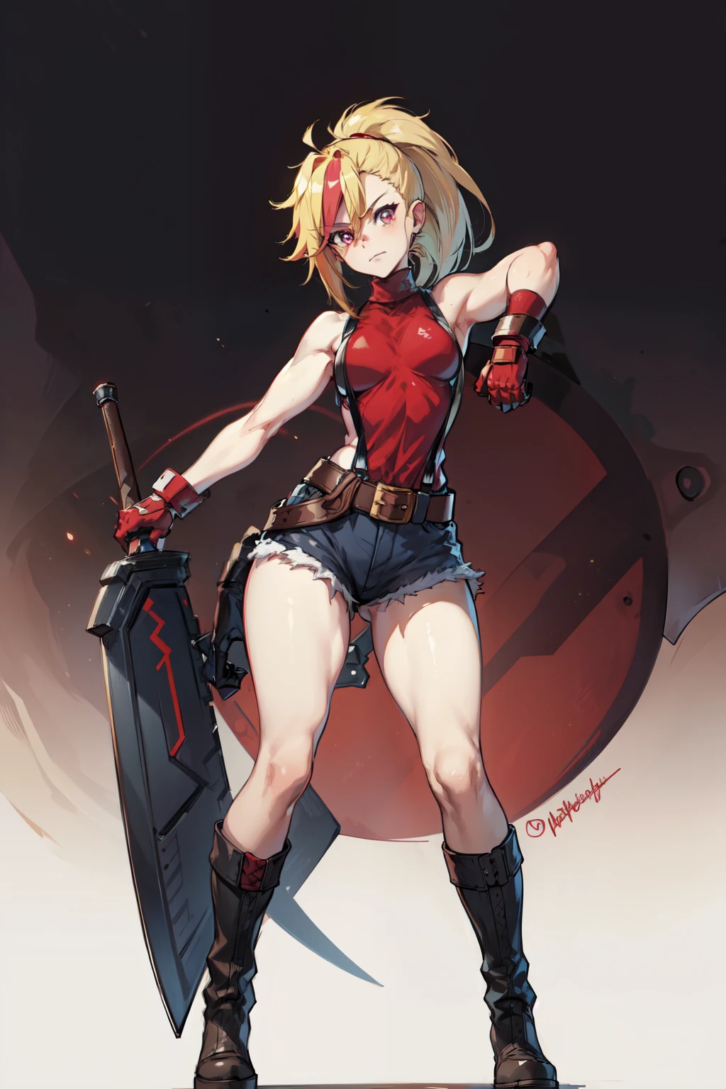 (masterpiece, best quality:1.2), red glowing eyes, red eyes, the eyes are red, perfect face, highres, 1 girl, solo, ultra long ponytail, (female:1.5), strife, blonde hair, shoulder armor, sleeveless turtleneck, suspenders, belt, gloves, bracer, evil smile, standing, portrait, looking at viewer, giant sword on the back, giant buster sword on the back, long leather boots, fullbody shot