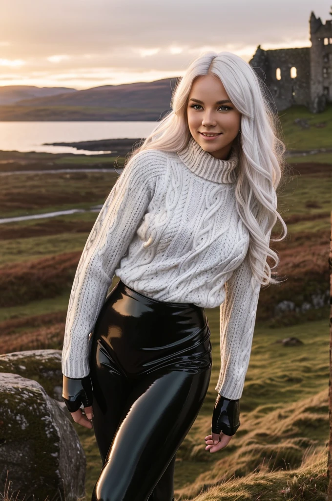 a gorgeous Norwegian woman, wavy crimson white hair in the wind. she's a men magazine porno model, She has a subtle smile and flirts with the camera, (she wears leather shirt), (with a long wool sweater and pvc leggings:1.2),background landscape of Scotland Loch and Scottish castle ruins, (in sunset light:1.2), 