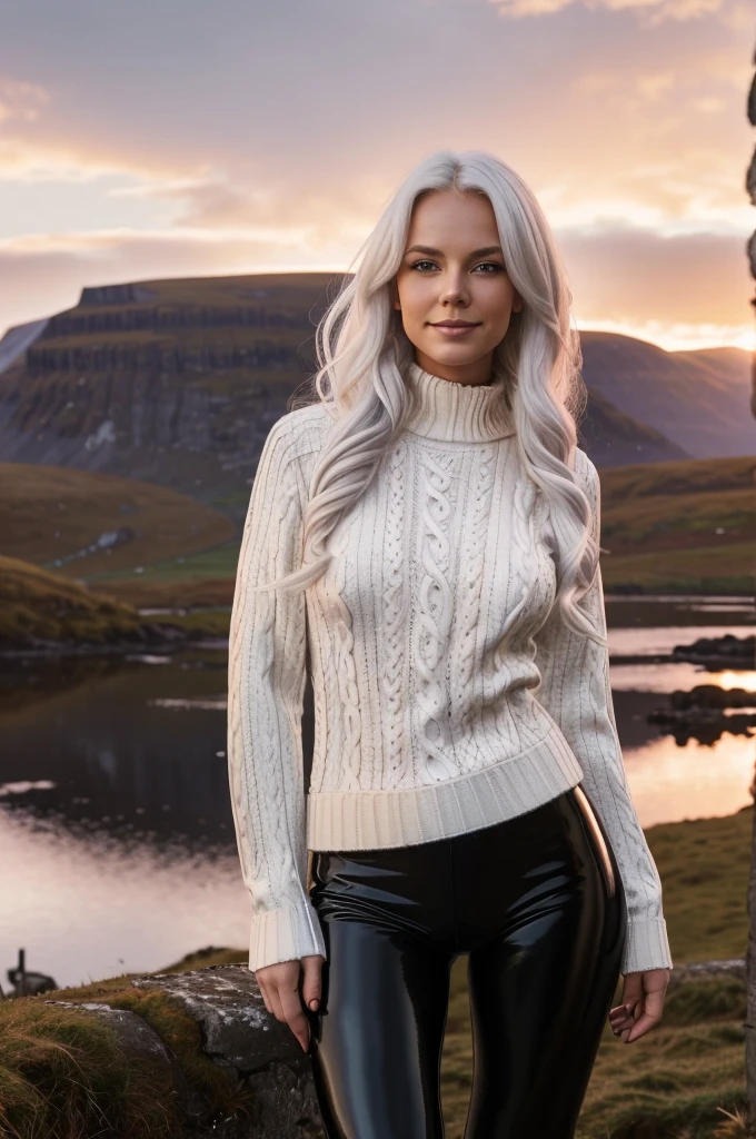 a gorgeous Norwegian woman, wavy crimson white hair in the wind. she's a men magazine porno model, She has a subtle smile and flirts with the camera, (she wears leather shirt), (with a long wool sweater and pvc leggings:1.2),background landscape of Scotland Loch and Scottish castle ruins, (in sunset light:1.2), 