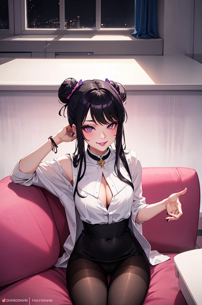 masterpiece, best quality, high quality, 4k, highres, anime, 1girl, 19 years old, purple eyes, colored lips, purple lips, pink eyeliner, makeup, long black hair with hair buns, pink bows on hair, smirk, white blouse, black pantyhose, on the sofa, sexy