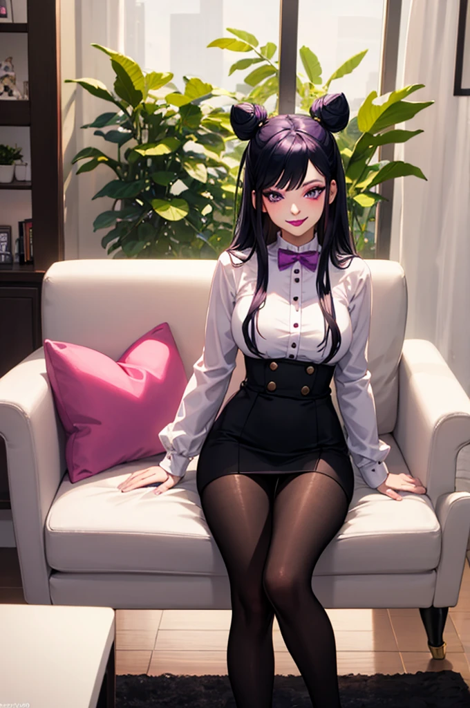 masterpiece, best quality, high quality, 4k, highres, anime, 1girl, 19 years old, purple eyes, colored lips, purple lips, pink eyeliner, makeup, long black hair with hair buns, pink bows on hair, smirk, white blouse, black pantyhose, on the sofa, sexy