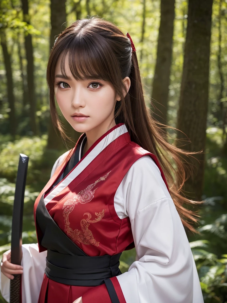 A beautiful young woman with short light brown hair and a mix of blonde and brown eyes, wearing the standard Demon Slayer Corps uniform. She has a red haori with a pattern on it, and a large plus-shaped scar in the middle of her forehead, with bangs covering it. She has an elegant and kind expression, embodying the Demon Slayer art style. The woman is standing in a peaceful, daytime forest, holding a katana sword. She shines like a diamond, radiating an ethereal beauty. (best quality,4k,8k,highres,masterpiece:1.2),ultra-detailed,(realistic,photorealistic,photo-realistic:1.37),1girl,beautiful detailed eyes,beautiful detailed lips,extremely detailed eyes and face,longeyelashes,demon slayer uniform,red haori,plus-shaped scar,forest,katana sword,elegant,kind,demon slayer art style,shining,diamond-like,anime,demon slayer art style