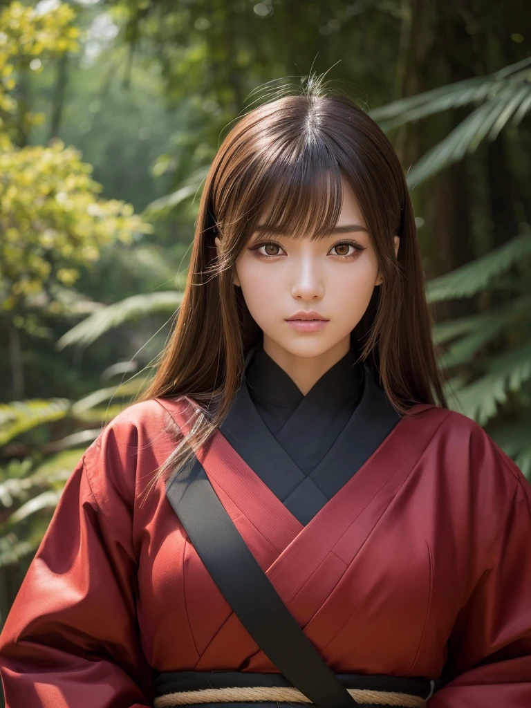 A beautiful young woman with short light brown hair and a mix of blonde and brown eyes, wearing the standard Demon Slayer Corps uniform. She has a red haori with a pattern on it, and a large plus-shaped scar in the middle of her forehead, with bangs covering it. She has an elegant and kind expression, embodying the Demon Slayer art style. The woman is standing in a peaceful, daytime forest, holding a katana sword. She shines like a diamond, radiating an ethereal beauty. (best quality,4k,8k,highres,masterpiece:1.2),ultra-detailed,(realistic,photorealistic,photo-realistic:1.37),1girl,beautiful detailed eyes,beautiful detailed lips,extremely detailed eyes and face,longeyelashes,demon slayer uniform,red haori,plus-shaped scar,forest,katana sword,elegant,kind,demon slayer art style,shining,diamond-like,anime,demon slayer art style