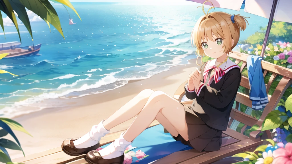 masterpiece, Highest quality, wallpaper, One girl, alone,summer服を着た, socks, Both sides up, summer、Seaside