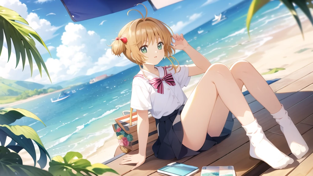 masterpiece, Highest quality, wallpaper, One girl, alone,summer服を着た, socks, Both sides up, summer、Seaside