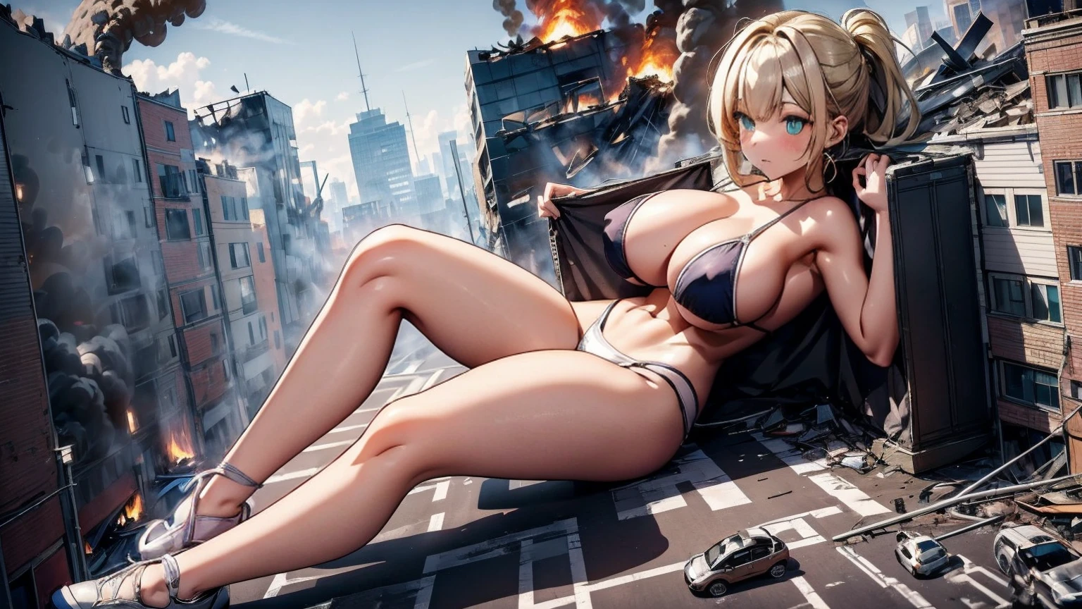 Giantess with firm , long sexy legs, yellow hair and in a bikini is lying on the ground, while the city at her feet burns in flames for the destruction she has caused, while the tiny people climb on her body to try to defeat her uselessly. Giantess, goddess, macrophilia, curvaceous body, hentai, fetish, sexy legs, bikini, high heels, high quality