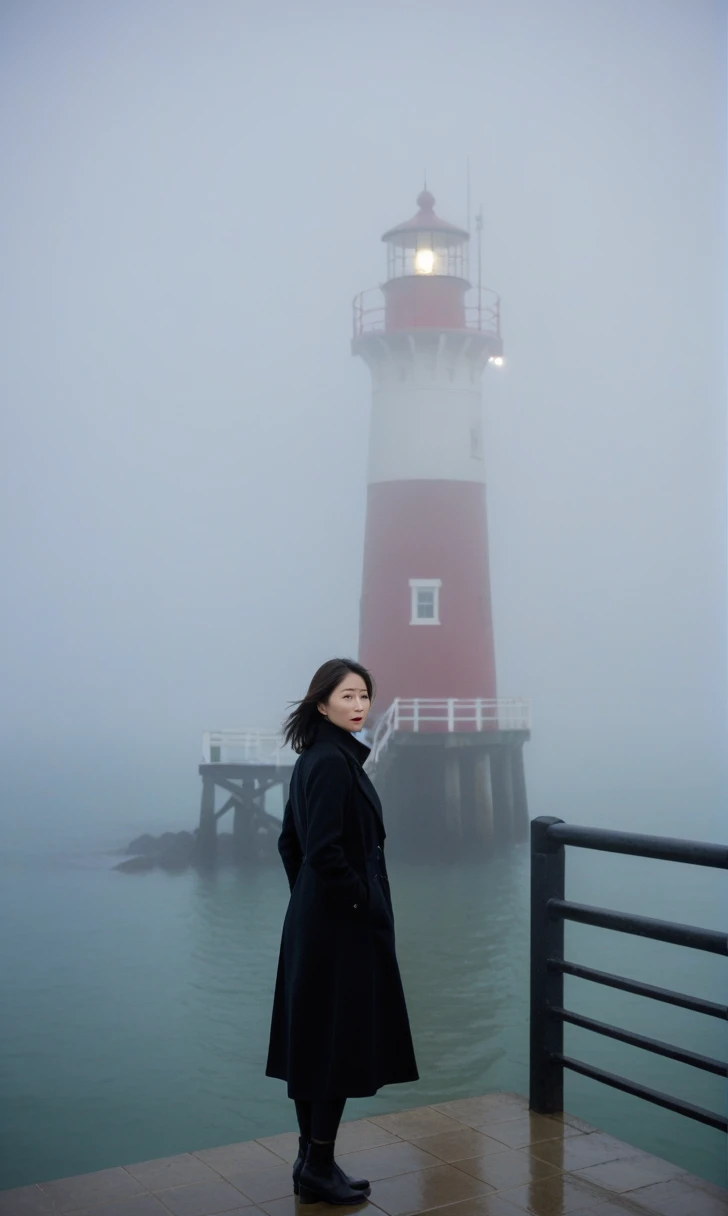 Beautiful 36 year old Korean woman, 짧은 middle 머리, Black coat, 멀리 Fog속 lighthouse, cool,rain,blur,Fog,middle,cool,boring,,pier,only,lighthouse,Coast, The dim light shines in the Fog,and the figure stands in the Fog holding . Full body shot with Canon Camera 16-35 wide angle lens