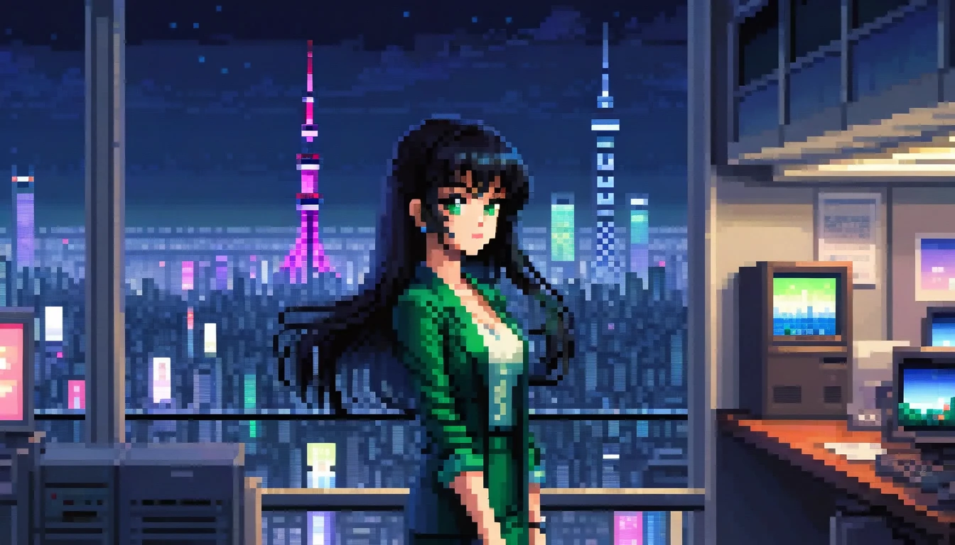 pixel, 16-bit Style, pixel art, Nintendo game scene, Cool colors, green,Tokyo at night in the background, Skyscraper, Skyline, Modern, Colorful lights, Tokyo Night, dark, A girl in the foreground, whole body, Woman with long black hair and bangs, dark eyes, depth of image 80Decade Style Clothes that reveal cleavage Cool look Office lady style