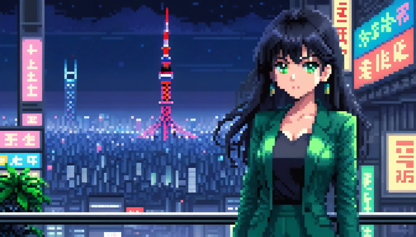 pixel, 16-bit Style, pixel art, Nintendo game scene, Cool colors, green,Tokyo at night in the background, Skyscraper, Skyline, Modern, Colorful lights, Tokyo Night, dark, A girl in the foreground, whole body, Woman with long black hair and bangs, dark eyes, depth of image　８０Decade Style　Clothes that reveal cleavage　Cool look　Office lady style