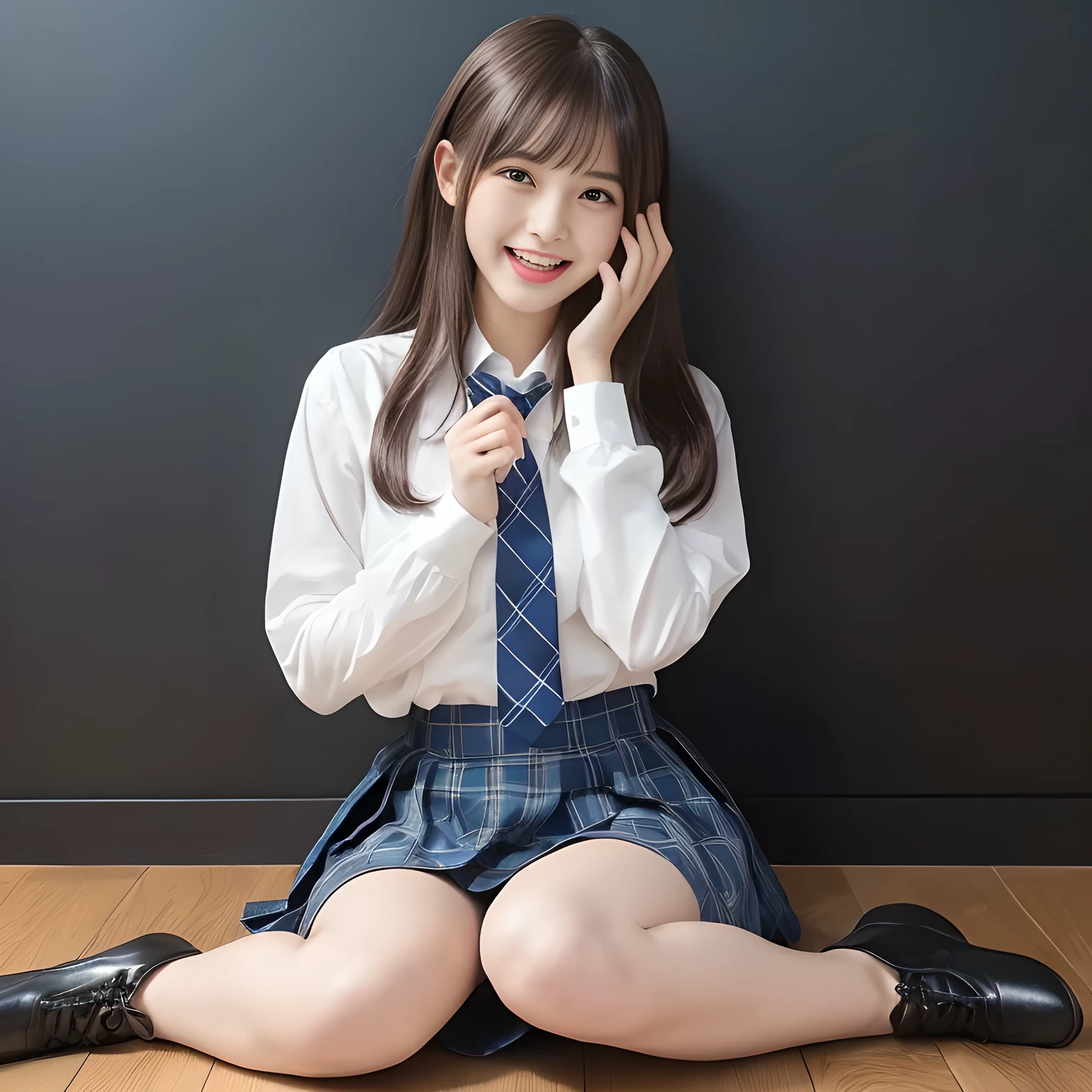 (highest quality, masterpiece:1.2), highest quality, High resolution, 1080P, 8K, Height: 158cm, ((A noble and intelligent girl like Japanese cute girly lady is hypnotizing and giggling, A very sweet, very noble, pretty and neat Japanese beautiful cute girl. Realistic very girly sweet cute noble girl like a princess is seated in many evil dolls)), ((Completely black room with candles)), ((((14 years old, popular Japanese cute fashion model)))), ((((Extremely pure white face and hands and legs)))), Glossy lips, (Evenly cut bangs), ((Very beautifully laughing brown drooping gooey cute neat noble eyes)), ((Straight black super-long straight hair reaches the floor)), Very lustrous, glossy lips, Open hand over open mouth, Beautiful straight hair like a hair model, Watching the viewer and laughing, ((Incredibly well organized, The expression is rich. plump and beautiful white skin and face)), ((Pure and clear sweetly smiling eyes)), ((smiling at me)), Glossy Lips, ((noble and neat)), ((Like a succubus is fascinating with magic and giggling)), ((((A succubus is fascinating and calling to the deeper place forever)))), Extremely beautiful blue skirt, ((highly up-curved lips)), ((looking at the viewer directly)), white hands, ((Navy Japanese school blazer, Navy and sapphire blue Japanese school uniform tartan checkered pleated long skirt, Blue string ribbon tie)), ((((An ecstatic face expression of boundless joy)))), ((black background))
