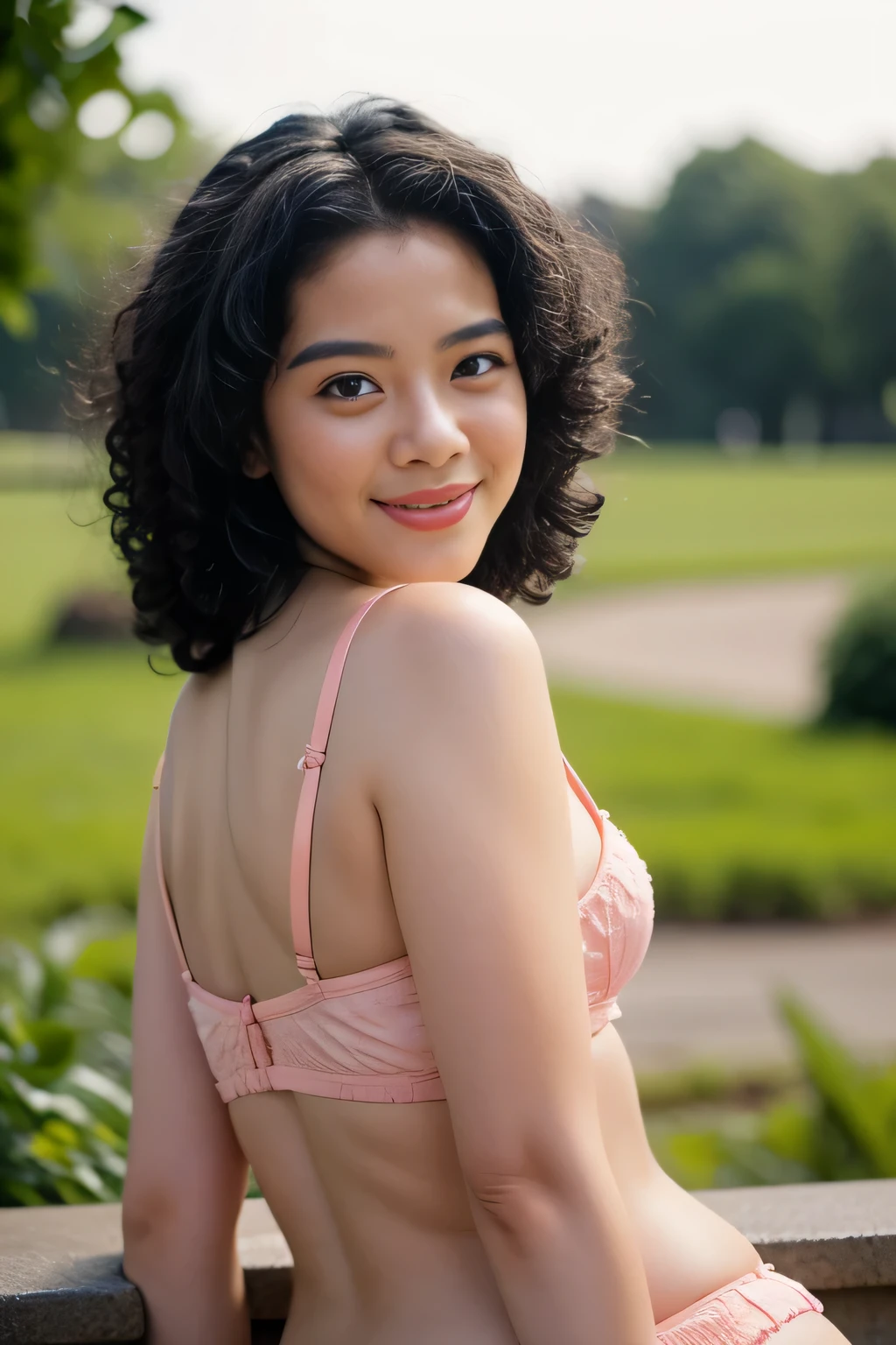 Malay girl wearing undersize pink satin bra and panties portrait photography, mid shot photo, ultra detail, professional photograph with professional lighting, smile, at the garden, outdoor background, curly hair, sexy seducing pose, curvy body, butt closed up angle