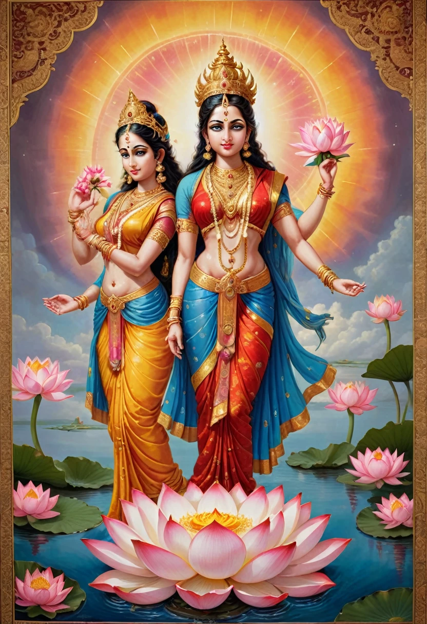 A captivating tableau of divine sibling unity, with the brother dressed as the mighty God Vishnu and the sister as the serene goddess Parvati. The brother's vibrant attire is adorned with ornate gold and blue fabrics, reflecting the cosmic elegance of the supreme deity. His four strong arms are gracefully outstretched, each hand holding a symbol of divine power: the chakra, a spinning disk of energy representing protection and the maintenance of order; the shankh, a conch shell that signifies the primordial sound of creation and the call to spiritual awakening; the gada, a mace symbolizing strength and the ability to vanquish ignorance; and a delicate flower, a testament to the gentle, nurturing aspect of Vishnu. His piercing gaze and stoic posture exude a sense of steadfastness and eternal vigilance. In contrast, the sister, as Goddess Parvati, is a vision of grace and beauty, dressed in a red and gold sari that shimmers like the sunset. Her two hands are poised in a delicate balance: one holds a bouquet of lotus flowers, the epitome of purity and spiritual growth, while the other forms the var mudra, a gesture of bestowing boons and protection. Together, they are seated on an enormous, fully bloomed lotus that emerges from the calm waters of a celestial pond, the petals unfurling around them like a sacred throne. The background is a tapestry of heavenly hues, with soft clouds and beams of light accentuating the divine aura. The intricate details of their jewelry, the serene expressions on their faces, and the harmonious interplay of their gestures convey a powerful narrative of protection, wisdom, and the eternal dance of creation and preservation. This visual spectacle is a celebration of the rich tapestry of Hindu mythology, inviting viewers to revel in the divine beauty and might of these revered deities.