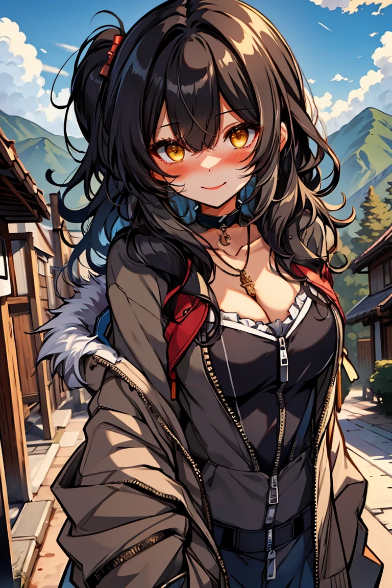 (masterpiece:1.2), (high quality:1.2), hui xiyi, rekkyo sensen, rekkyou sensen, (long wavy hair, one side up:1.45), solo focus, girls with((black hair, 1girl,bangs,bare shoulders, ,choker, cleavagollar,collarbone,cowboy shot, dress, frills, fur, fur collar, fur trim, hood down, hooded jacket, hoodie, jacket, large breasts, long hng sleeves, looking at viewer, medium breasts, medium hair, e, open clothes, open hoodie, sleeveless, solo, winter clothes, zipper, upper body)), background with ((architecture, blue sky, bush, castle, village, no humans, cloud, cloudy sky, day, fence, field, garden, grass, hill, house, lamppost, landscape, mountain, mountainous horizon, nature, no humans, outdoors, scenery, shrine, sky, tower))