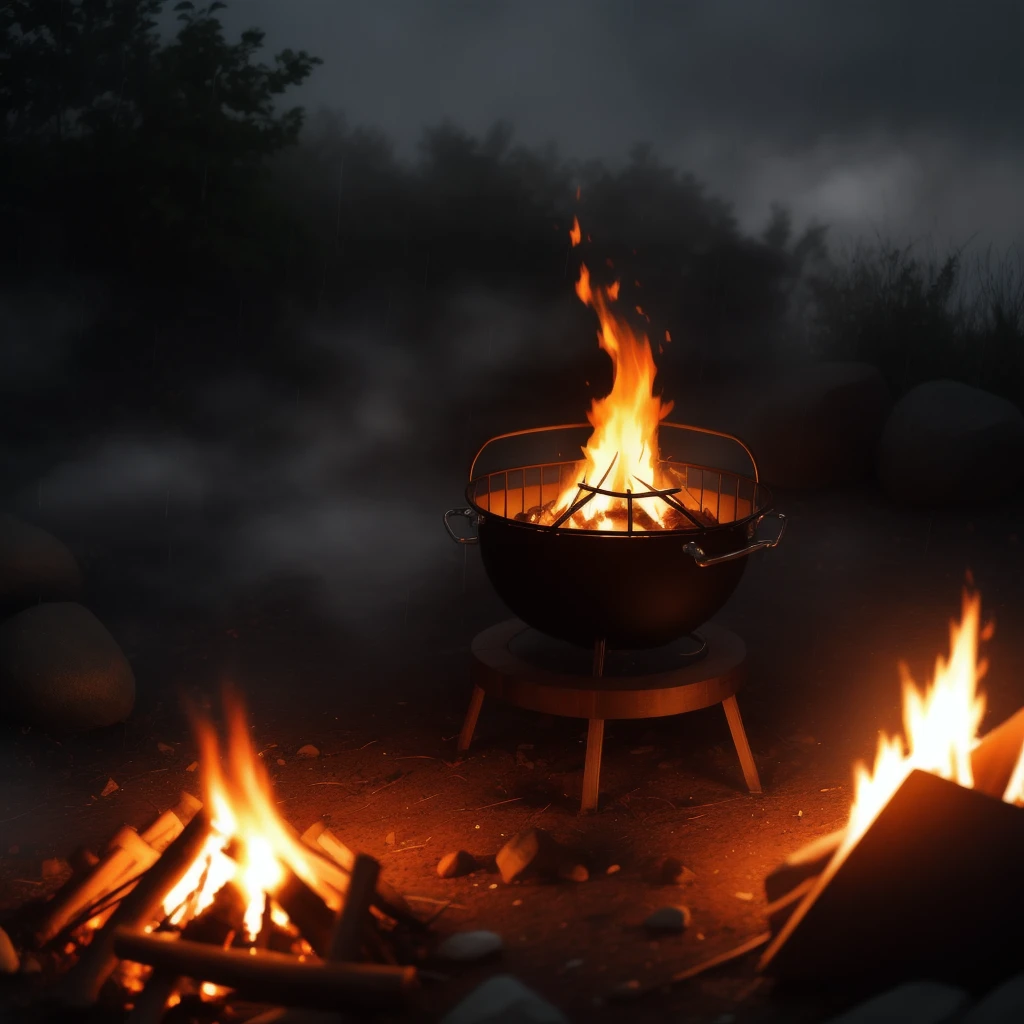 Campfire, (luminescence:0.1), smoke from fire, water, racking morning light, misty rain, documentary movie shot, ((macro)) sharp focus character is not needed