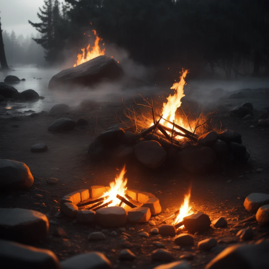 Campfire, (luminescence:0.1), smoke from fire, water, racking morning light, misty rain, documentary movie shot, ((macro)) sharp focus character is not needed