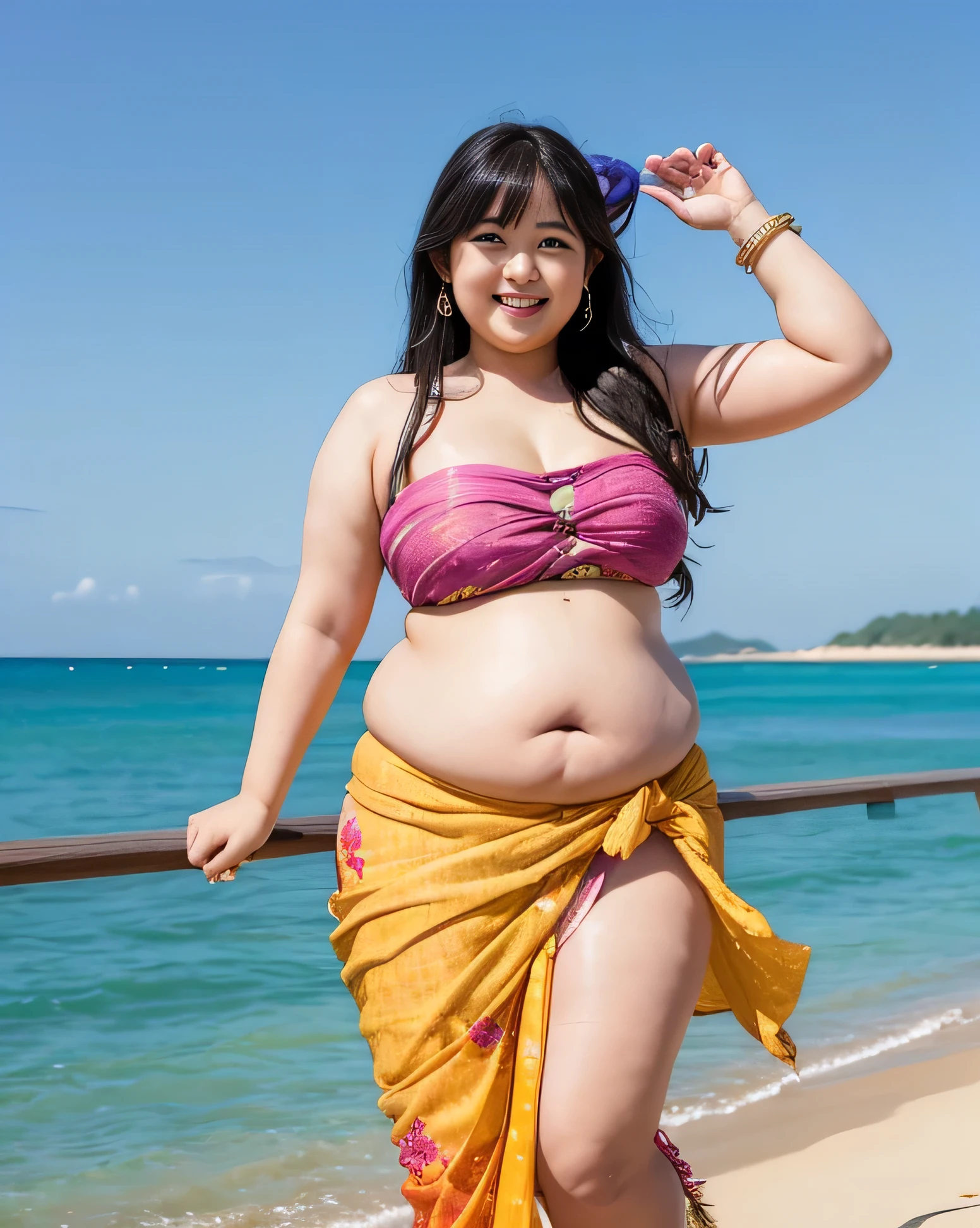 ((8K)), highest quality, 超High resolution, (High resolution), 1 girl, ((Sarong-pass)), Overweight, ((Extremely fat)), ((Chubby)), Japanese, ((twinkle smile)), at the sea