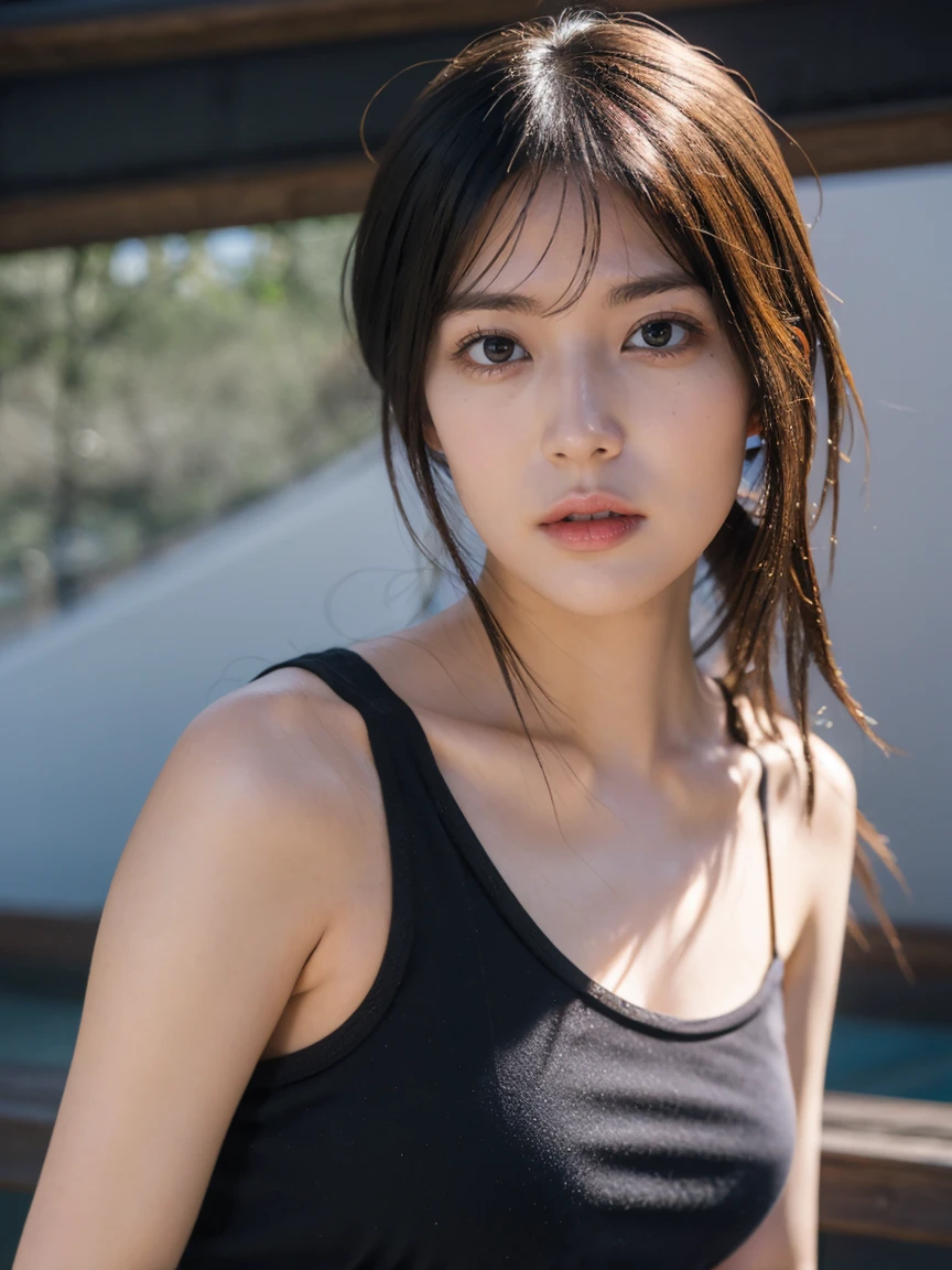 (Highest quality,masterpiece:1.3,Ultra-high resolution,),(Ultra-detailed,Caustics),(Photorealistic:1.4,RAW shooting,)Ultra-Realistic Capture,Very detailed,High resolution 16K human skin closeup。 The skin texture is natural、It must be detailed enough to be easily identifiable.。 Skin should look healthy and have an even tone。Natural skin color, Tank top, 1 Girl, 18-year-old, Long black hair, (Large Breasts:1.3), Turn your body forward,(View from the front:1.2), Looking at the audience, Close-up of face
