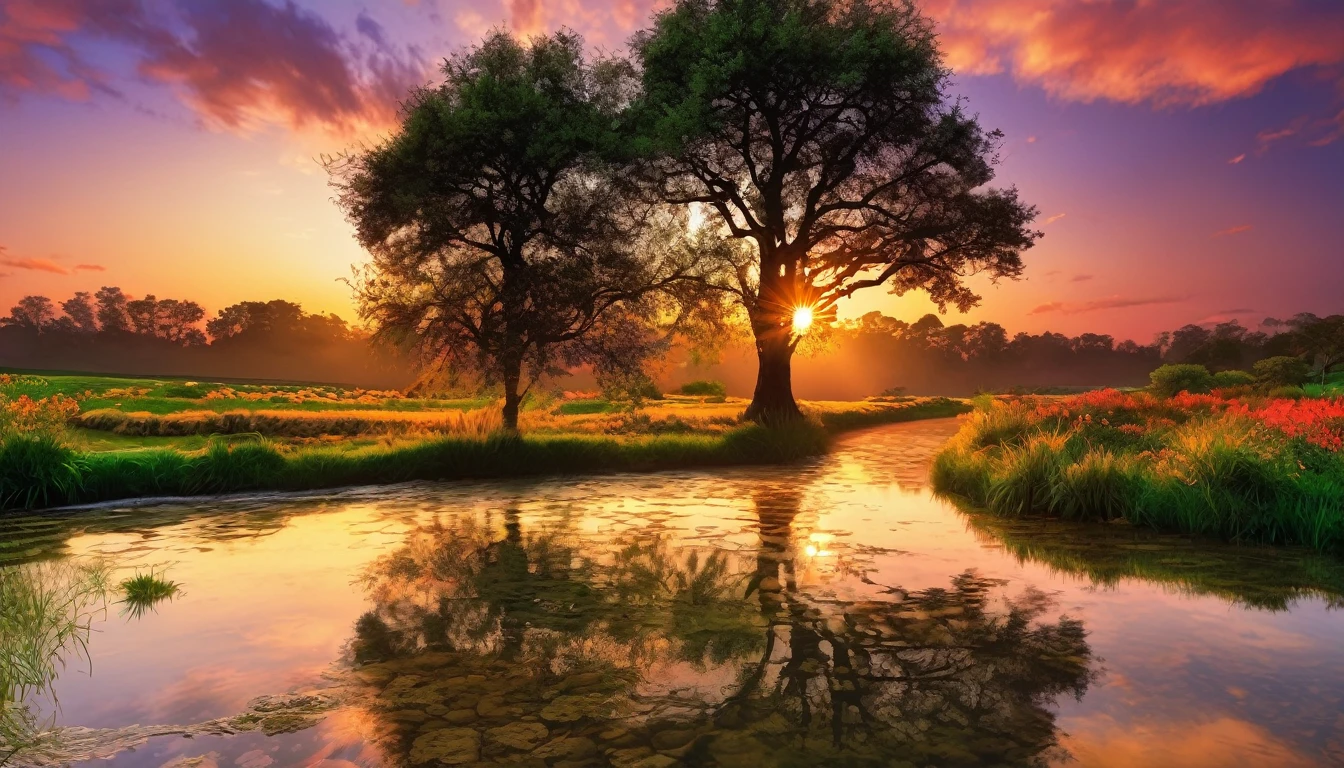 a beautiful sunset scene with a stream and trees, nature wallpaper, nature scenery, Beautiful wallpaper, beautiful backgrounds, peaceful landscape, stunning nature in the background, very very beautiful scenery, wallpaper hd, amazing wallpaper, a beautiful landscape, natural landscape, beautiful landscape, beautifully lit landscape, beautiful serene landscape, scenery wallpaper, landscape wallpaper, majestic nature scenery, Really beautiful nature