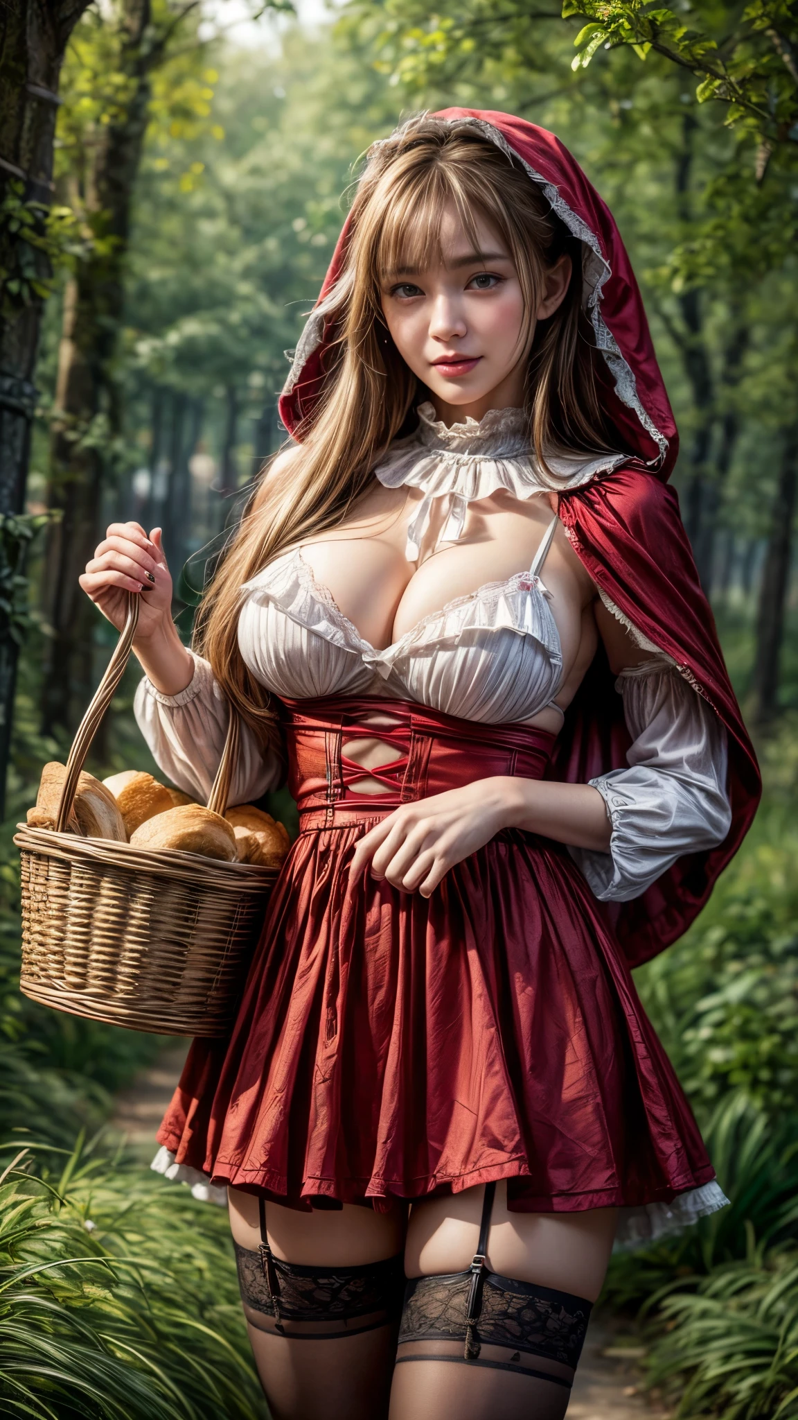 4K, Realistic,Very detailed,((Big Breasts))、18-year-old、((smile))、(Little Red Riding Hood)、(Medieval clothing)、(mini skirt)、Thigh-high stockings、(Carrying a basket of bread and wine)、grassland、((Delicate painting))，(Detailed RAW photos of girls), (Masterpiece:1.25), (Highest quality:1.6), (Ultra-high resolution:1.5), (Realistic:1.75), 8K resolution,:1.6),  Canon EOS R5, 50mm,Very detailedな,Cinema Lighting