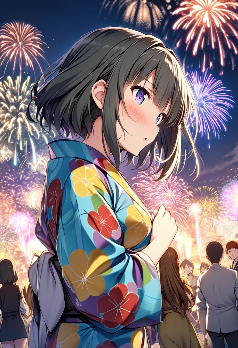 best quality, anime Seishun Buta Yarou series, character, Futaba Rio, glasses, gray half-up hair, colorful yukata, big fireworks