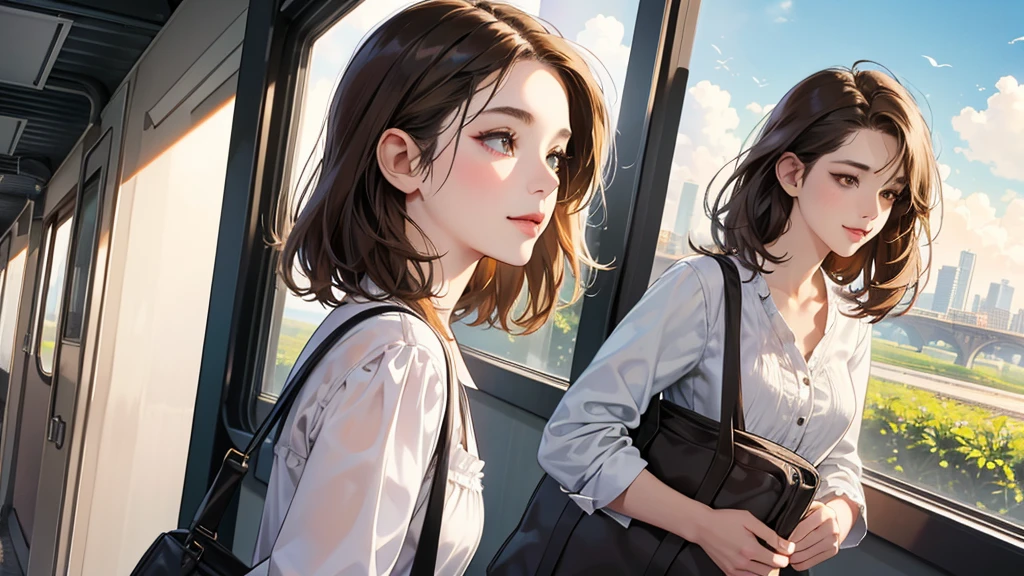 (perfect anatomy:1.2)(absurdres, highres, ultra detailed),masterpiece,best quality,high resolution,8K,Realistic face,Realistic skin texture,magnified textures, stunning clarity,detailed girl,(1 girl:1.2).(ultra detailed eyes and face),22 years old.(grey jacket,White blouse、Brown Hair、Shortcuts:1.4、Natural Makeup、Women's Pants)、good feeling、laughing、、smilingly、 a train,morning、Sunny、Orange Tote Bag、、Looking at the sky、standing,she is a office worker