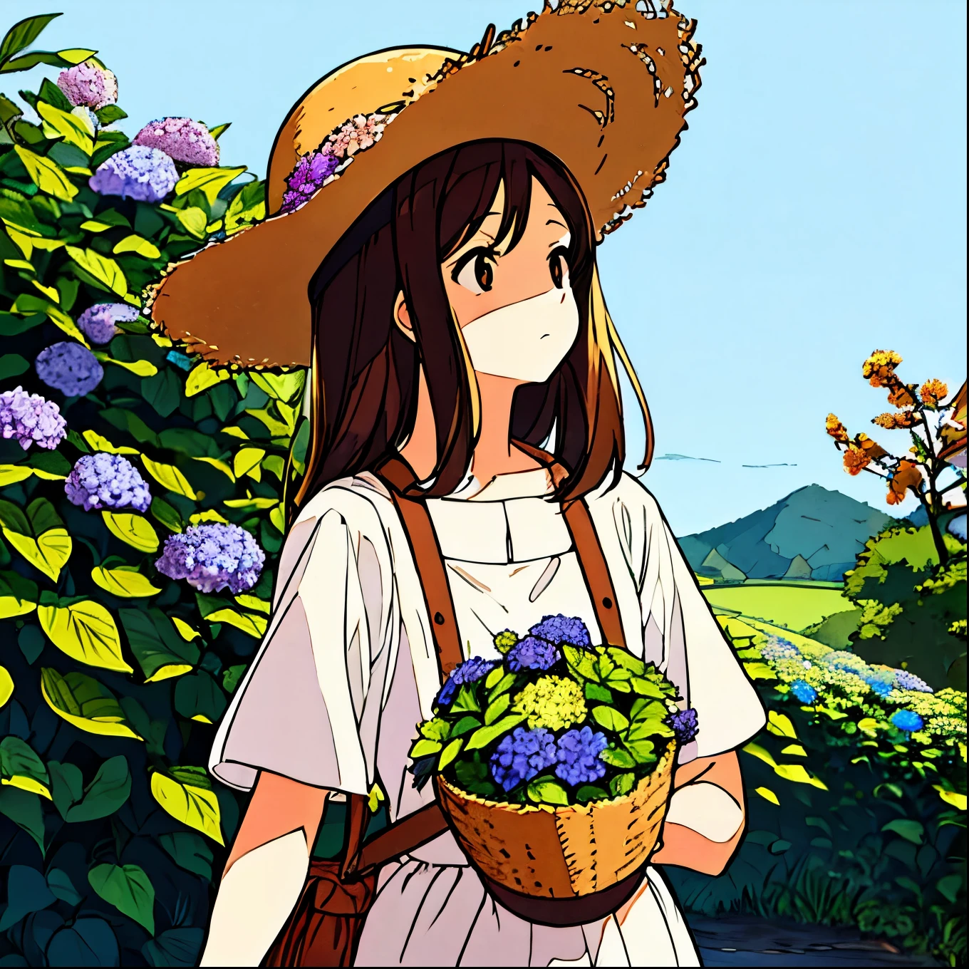 Straw hat girl, brown hair, hydrangea flower, nostalgic, simple scenery, expressionless, plain background, chic, looking up angle