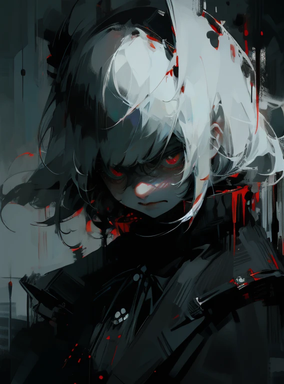 Horror, evil smile, fear, , gloomy, dark, girl, white black red, highly detailed, clear, high quality