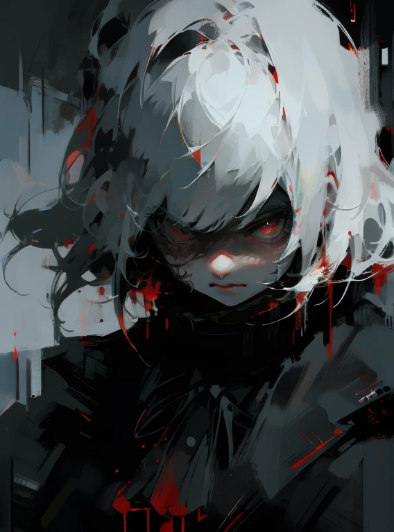 Horror, evil smile, fear, blood, gloomy, dark, girl, white black red, highly detailed, clear, high quality