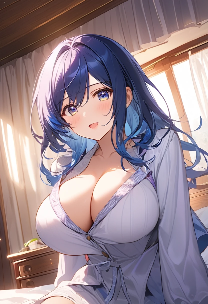 (1girl:1.3), Masterpiece, Best quality, amazing beauty, 4K, absurdres, finely detail, super detailed eye, perfect anatomy, official art, cinematic lighting, BREAK, bedroom, short twintalis, blue hair, big eyes, cute eyes, Rejoicing, BREAK , huge breasts, medium, sitting bed in bedroom, BREAK , (underwear:1.2), BREAK,()